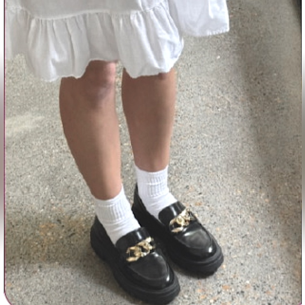 Chunky Woman’s Lug Sole Black Faux Patent Leather Loafers Gold-tone Chain Detail